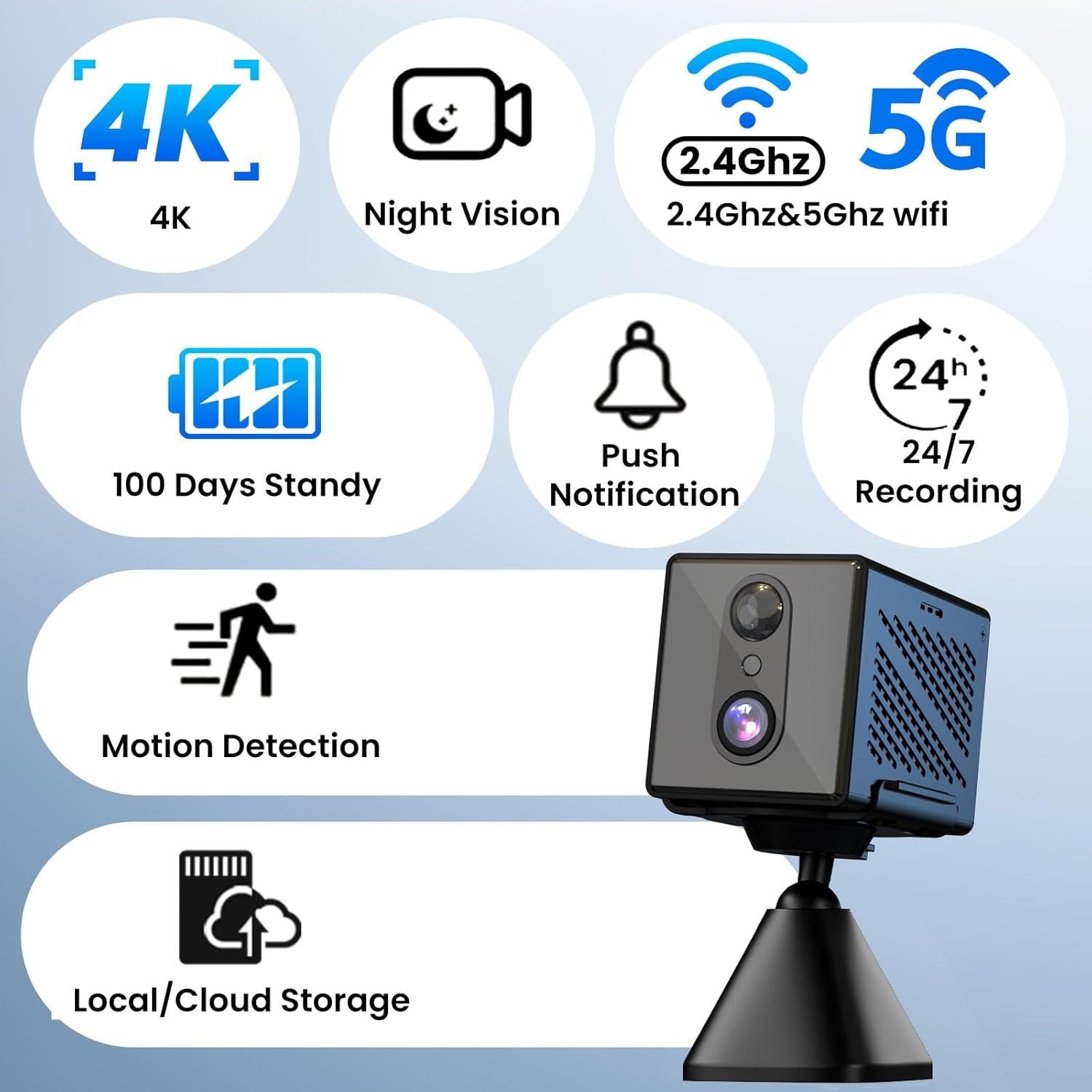 4K Security 5GHz WiFi Indoor Mini Camera with Night Vision, Motion Sensor, Long Battery Life, Motion Detection, Remote Viewing, Wireless Surveillance Cam