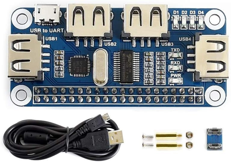 USB HUB HAT med 4 porte til Raspberry Pi Zero/A+/B/B+/2/3 – Understøtter USB-A og seriel fejlfinding via USB til UART