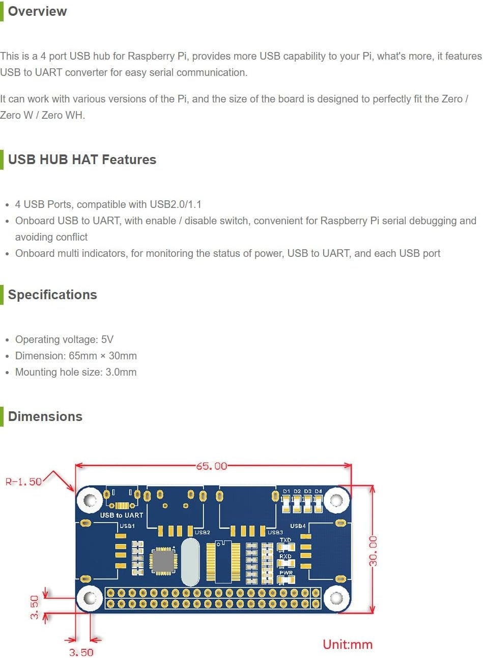 USB HUB HAT med 4 porte til Raspberry Pi Zero/A+/B/B+/2/3 – Understøtter USB-A og seriel fejlfinding via USB til UART