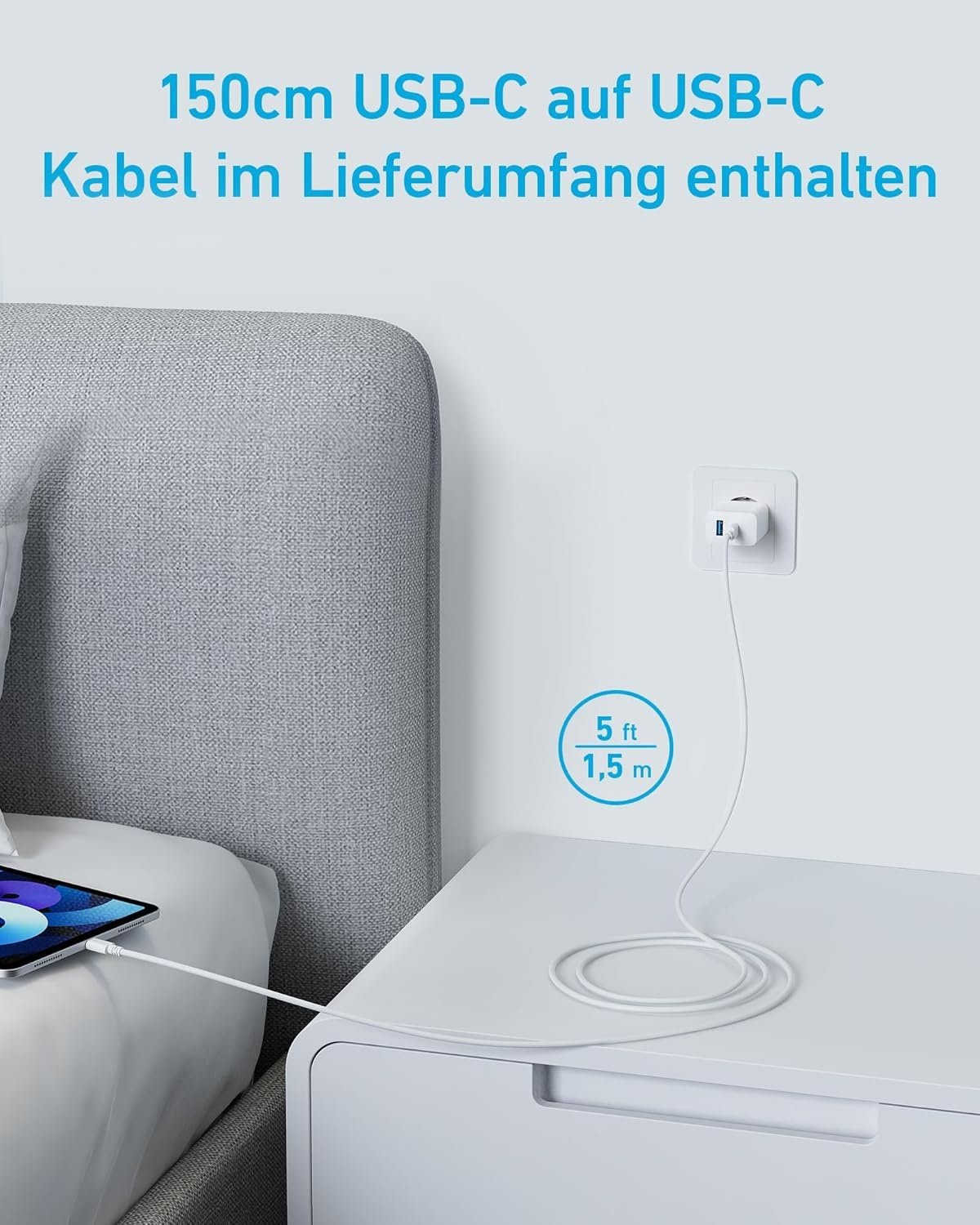 ANKER USB-C Oplader med 2 porte, 1xUSB-C og 1xUSB-A, 20W Hurtigopladning med 150 cm USB-kabel