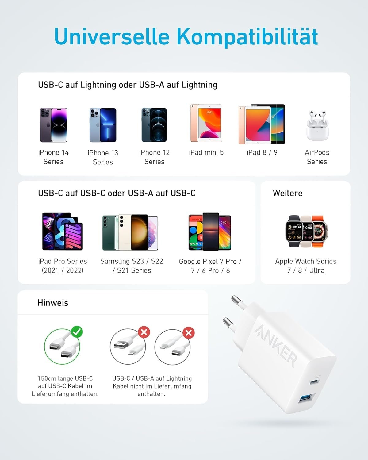 ANKER USB-C Oplader med 2 porte, 1xUSB-C og 1xUSB-A, 20W Hurtigopladning med 150 cm USB-kabel