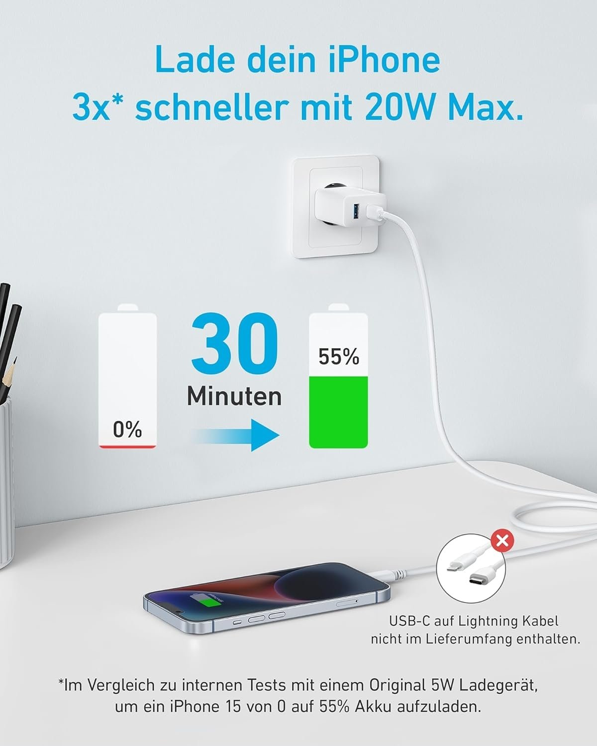 ANKER USB-C Oplader med 2 porte, 1xUSB-C og 1xUSB-A, 20W Hurtigopladning med 150 cm USB-kabel