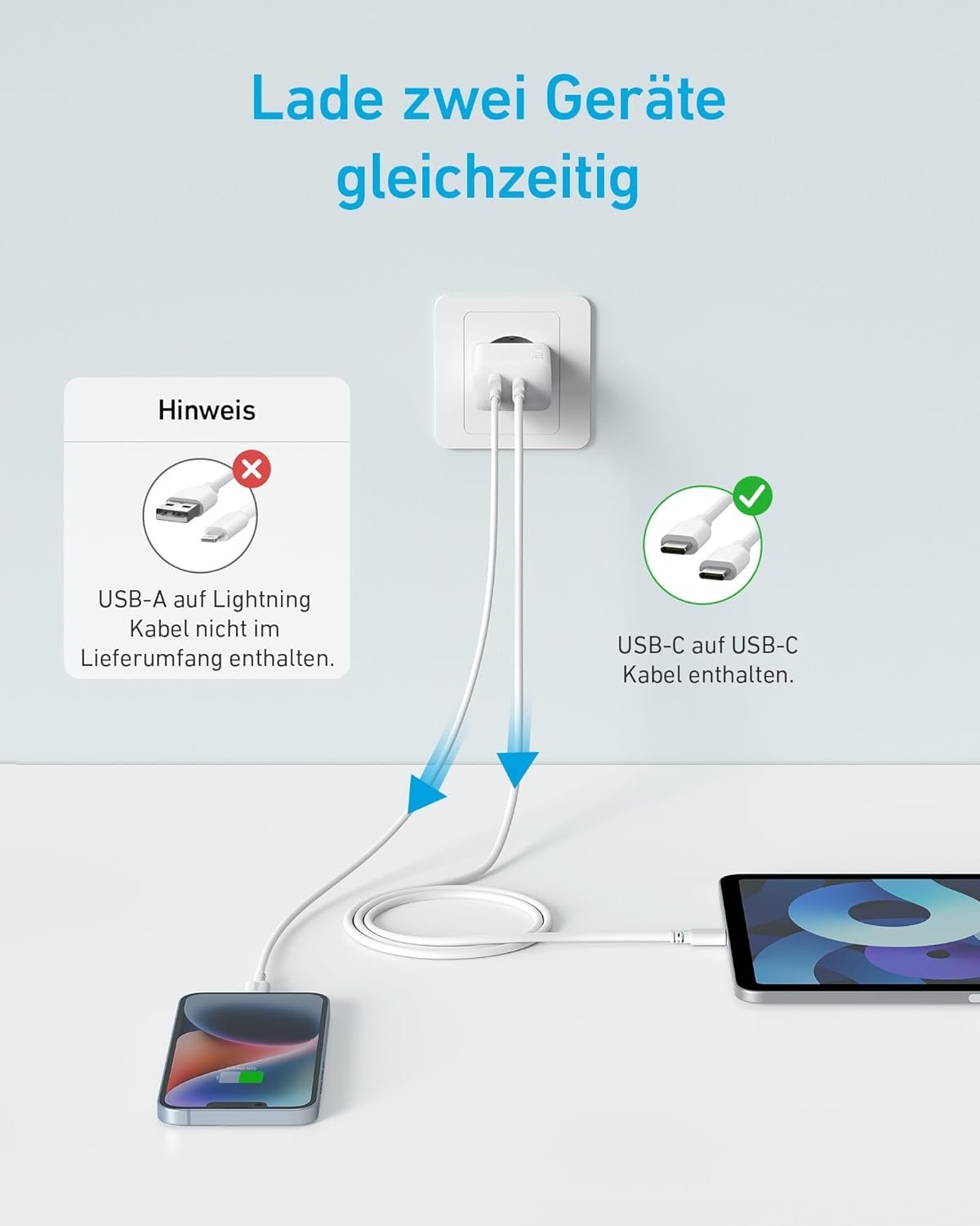 ANKER USB-C Oplader med 2 porte, 1xUSB-C og 1xUSB-A, 20W Hurtigopladning med 150 cm USB-kabel