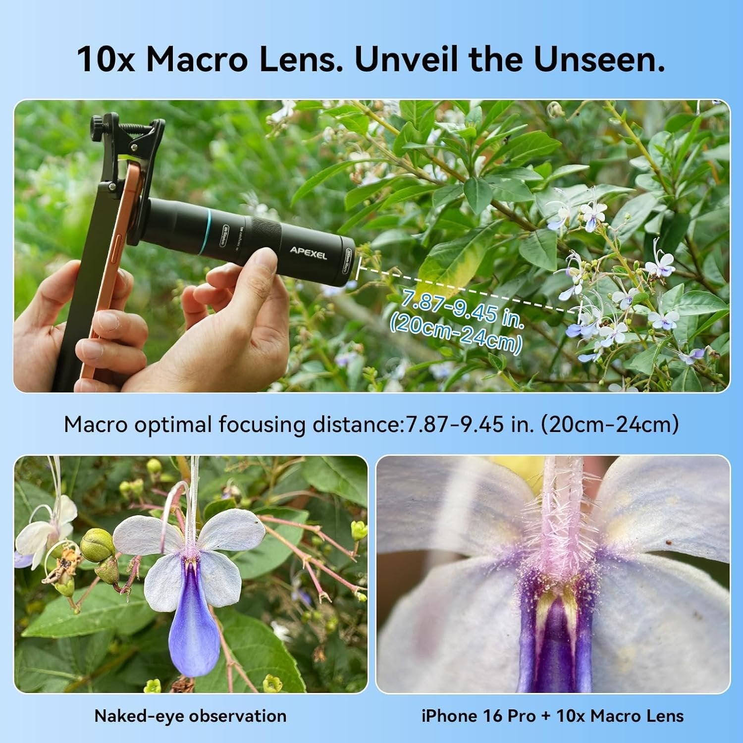 APEXEL 10X Tele-Macro Pro Dual Lens 2-in-1, Portable Clip-On Telephoto Macro Lens for Smartphones,
