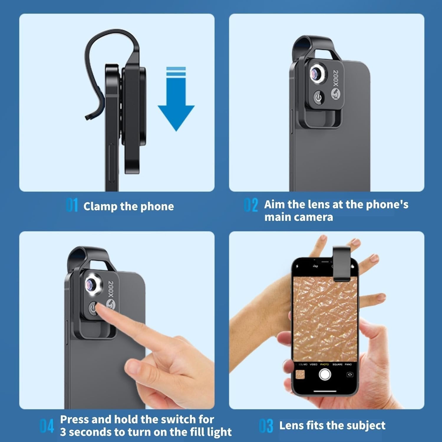 APEXEL 200x Mobilmikroskop, Mini Lommermikroskop, 6 LED-lysguider, 2 niveauer af lysstyrkejustering, Forstørrelses Makrolinsekit til Mobilkamera