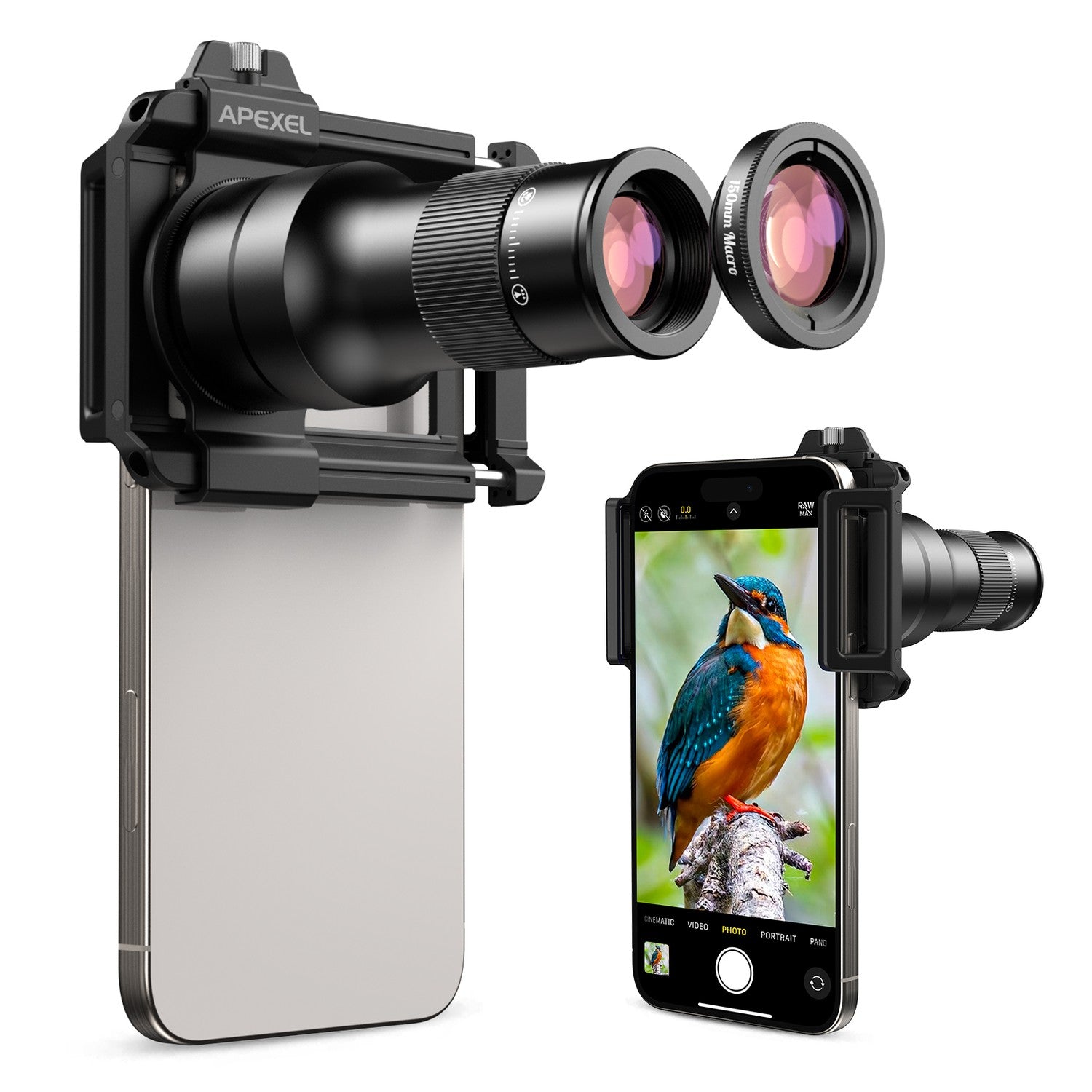 APEXEL 2-i-1 HD 6X Fast Fokus Teleobjektiv med 150mm Makroobjektiv med Universalklemme, Professionelt Mobilobjektivkit