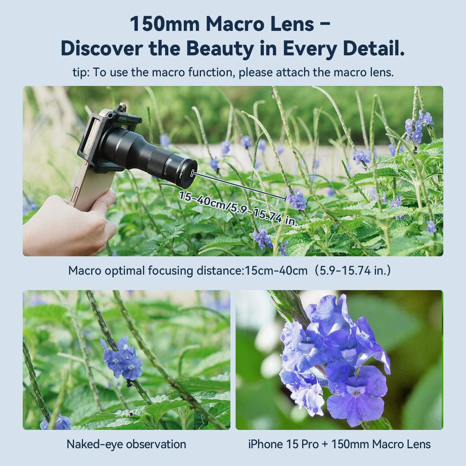 APEXEL 2-i-1 HD 6X Fast Fokus Teleobjektiv med 150mm Makroobjektiv med Universalklemme, Professionelt Mobilobjektivkit