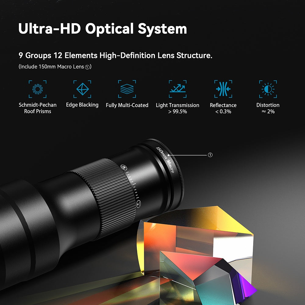 APEXEL 2-i-1 HD 6X Fast Fokus Teleobjektiv med 150mm Makroobjektiv med Universalklemme, Professionelt Mobilobjektivkit