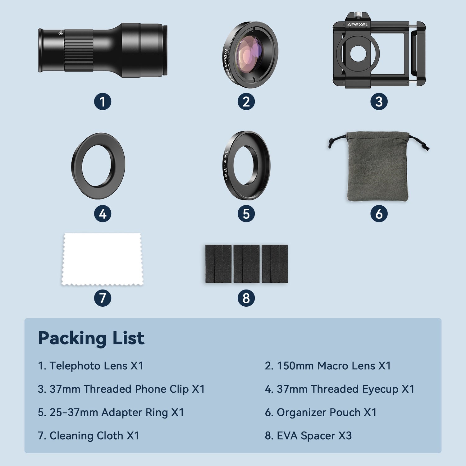 APEXEL 2-i-1 HD 6X Fast Fokus Teleobjektiv med 150mm Makroobjektiv med Universalklemme, Professionelt Mobilobjektivkit