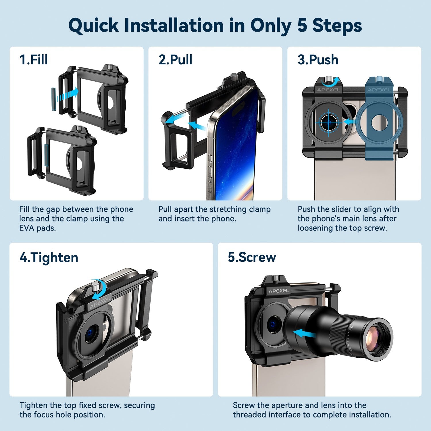 APEXEL 2-i-1 HD 6X Fast Fokus Teleobjektiv med 150mm Makroobjektiv med Universalklemme, Professionelt Mobilobjektivkit