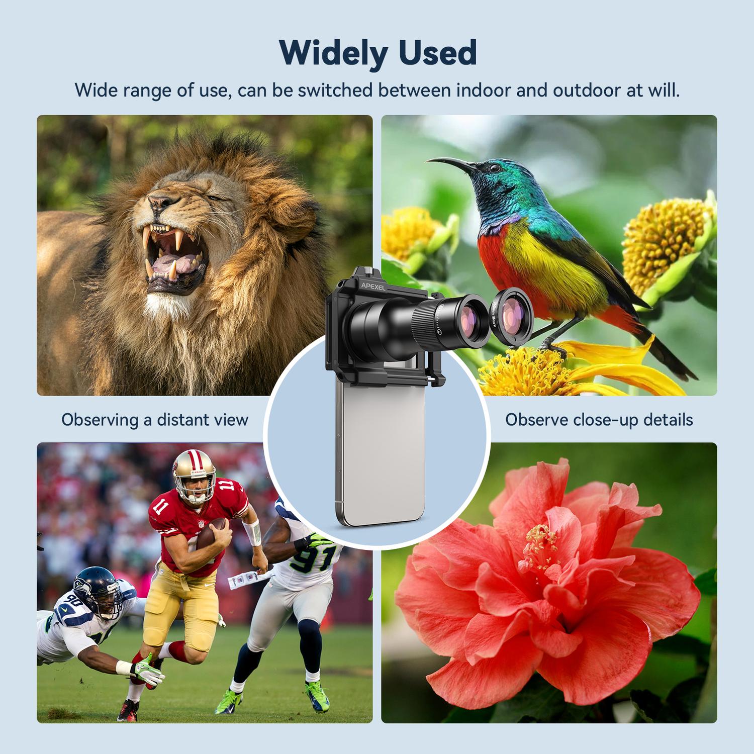 APEXEL 2-i-1 HD 6X Fast Fokus Teleobjektiv med 150mm Makroobjektiv med Universalklemme, Professionelt Mobilobjektivkit