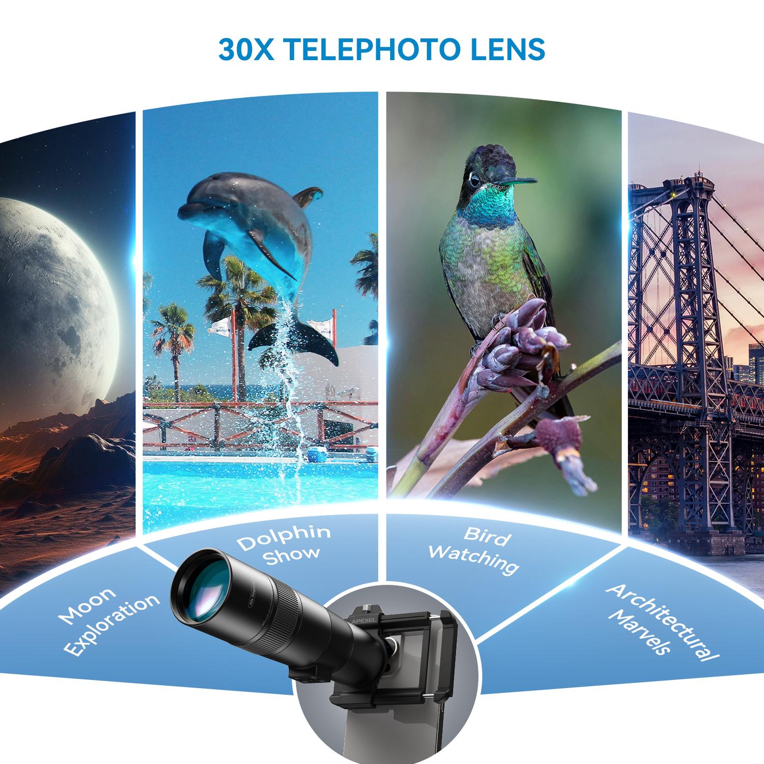 APEXEL 30x Super Teleobjektiv, 720 mm Brændvidde Teleobjektiv til Smartphone, Professionel