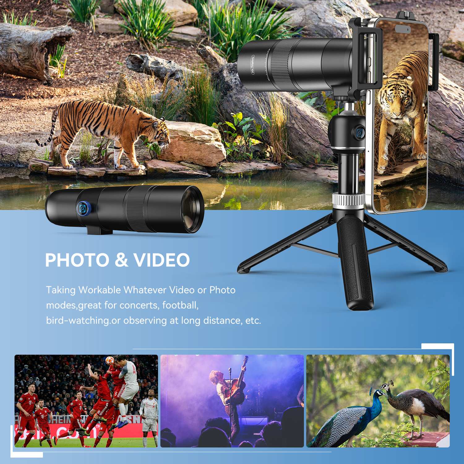 APEXEL 30x Super Teleobjektiv, 720 mm Brændvidde Teleobjektiv til Smartphone, Professionel