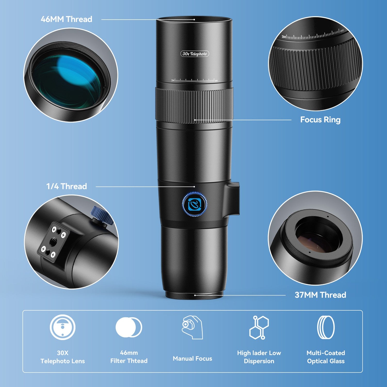 APEXEL 30x Super Teleobjektiv, 720 mm Brændvidde Teleobjektiv til Smartphone, Professionel
