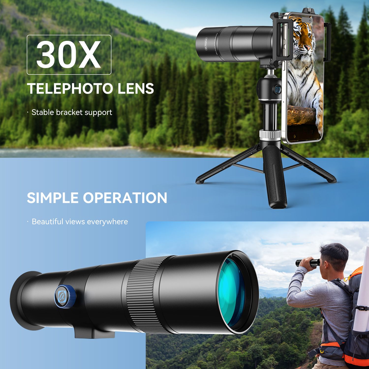 APEXEL 30x Super Teleobjektiv, 720 mm Brændvidde Teleobjektiv til Smartphone, Professionel