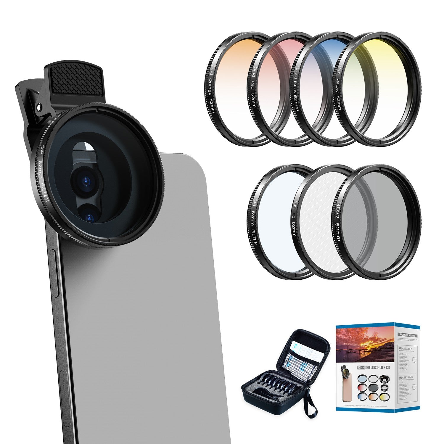 APEXEL 52mm Clip-on Graduated Color Polarizer, Linsefilterkit – Professionel