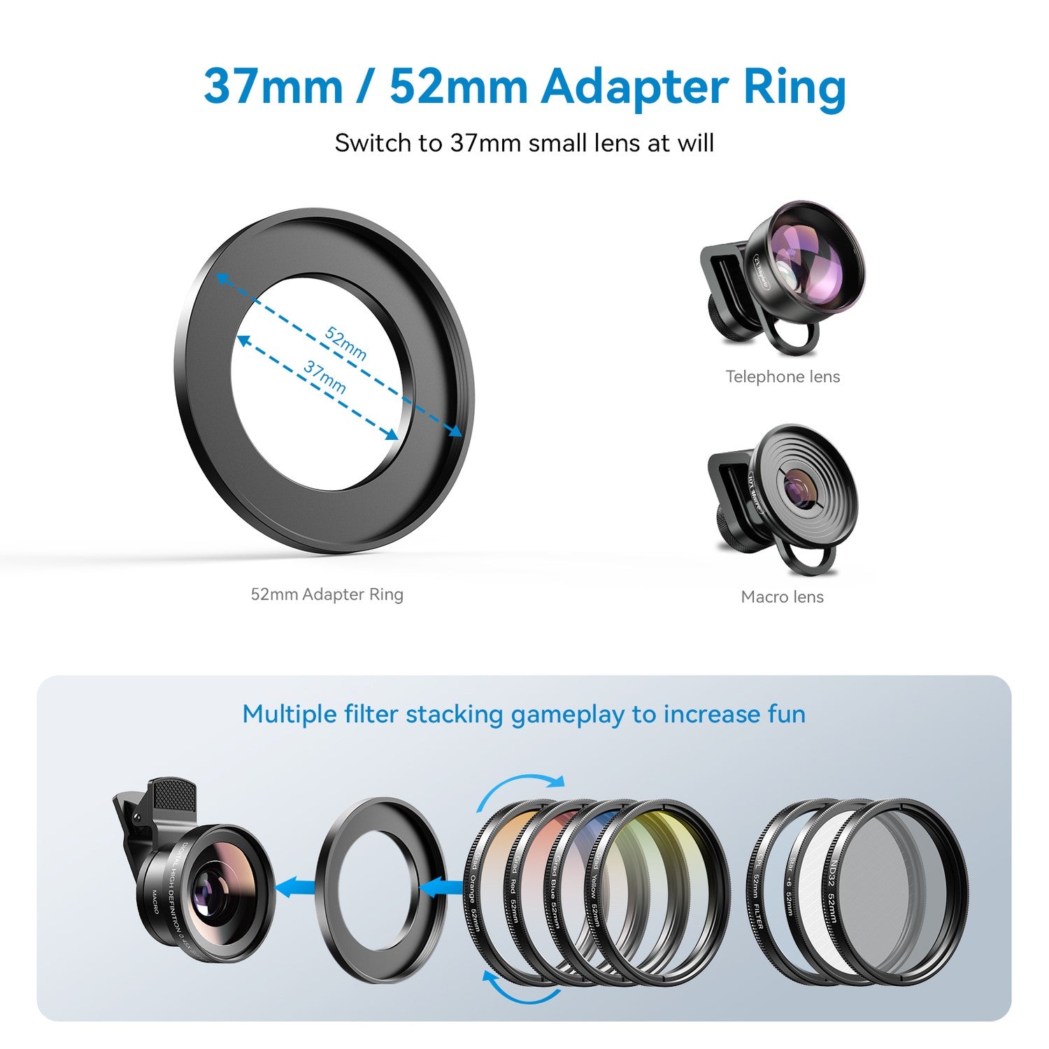 APEXEL 52mm Clip-on Graduated Color Polarizer, Linsefilterkit – Professionel