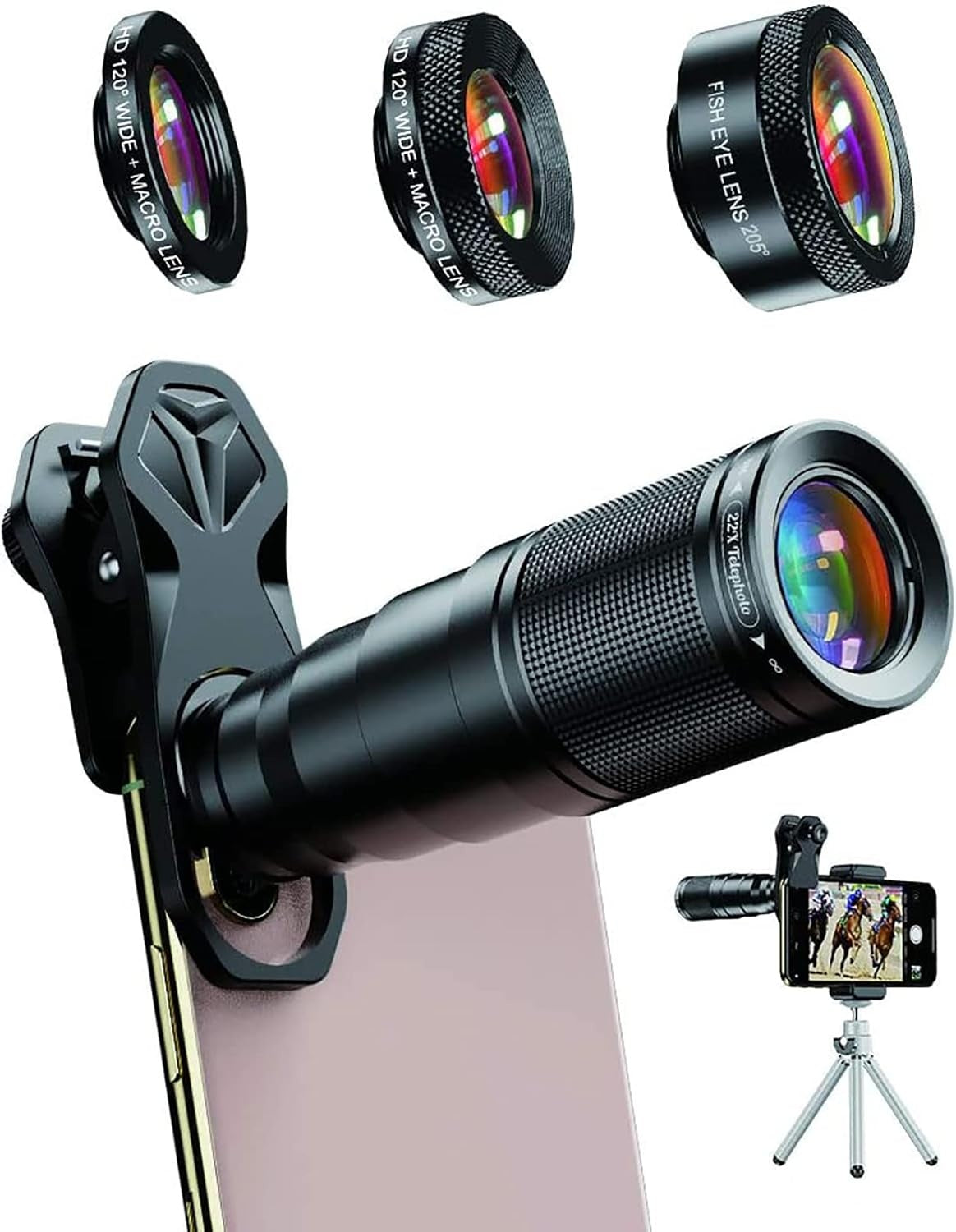 APEXEL 6-i-1 Telefonlinsekit – 22X teleobjektiv, 205° fisheye-linse, 120° vidvinkellinse & 25X makrolinse