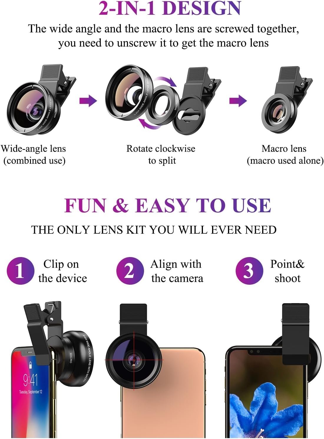 APEXEL Mobiltelefon Kameraobjektiv, 2-i-1 Objektivkit, 12.5X Makroobjektiv og 0.45X Vidvinkelobjektiv