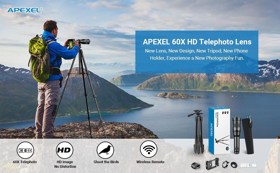APEXEL Kraftfuldt 60X Teleobjektiv til iPhone Kameralinse og Stativ til Månekiggeri / Fritid