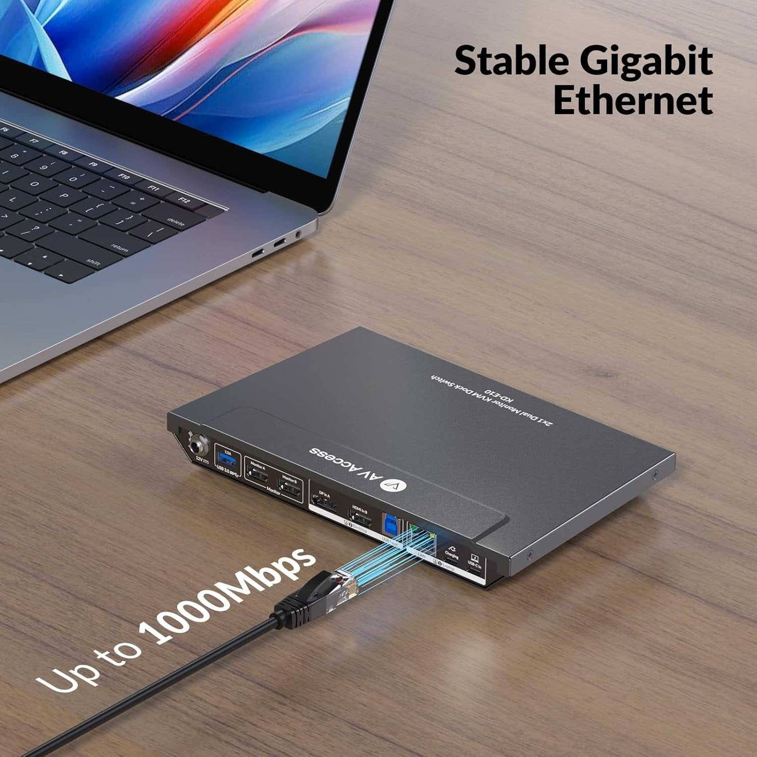 AV Access KD-E10 Dockingstation & KVM Switch for 2 computere til 2 skærme HDMI 4K60Hz, 100W PD, 3 x USB, 1G Ethernet, SD, 3.5 mm AUX Audio EDID