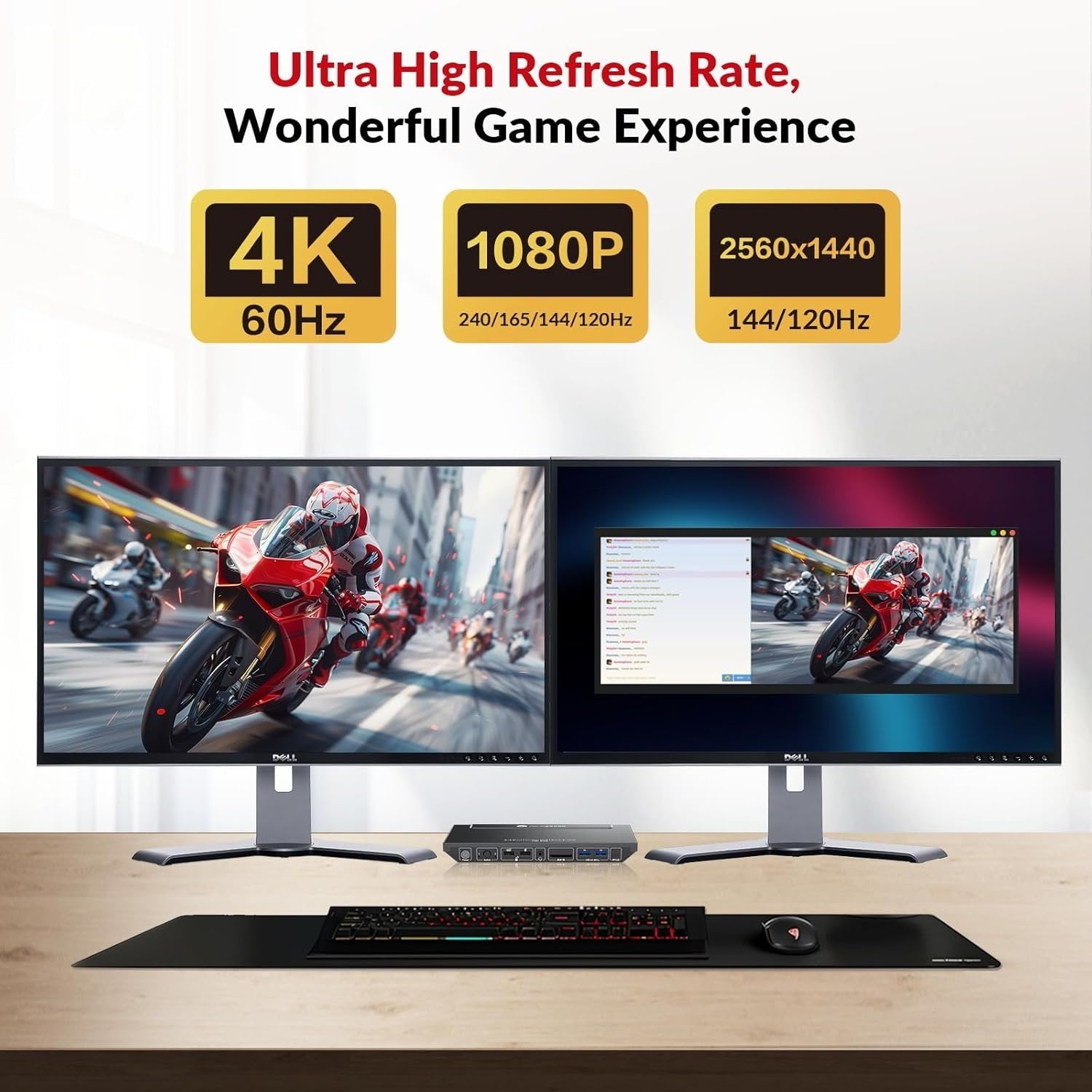 AV Access KD-E10 Dockingstation & KVM Switch for 2 computere til 2 skærme HDMI 4K60Hz, 100W PD, 3 x USB, 1G Ethernet, SD, 3.5 mm AUX Audio EDID