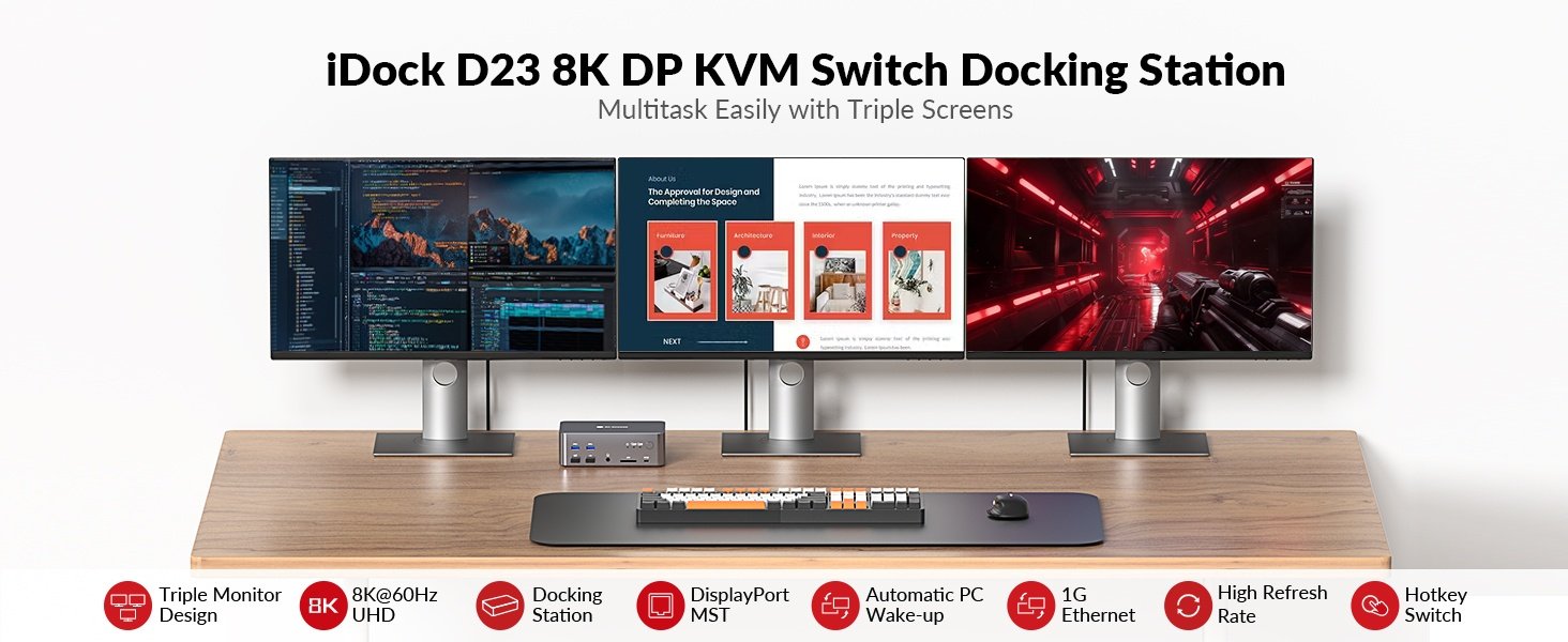AV Access-dockingstation og KVM-switch 2 til 3 DP til DP, 8K60Hz, 5x USB-A, 1x USB-C PD, 3,5 mm AUX, SD-kortslot og 1 Gbps ethernet