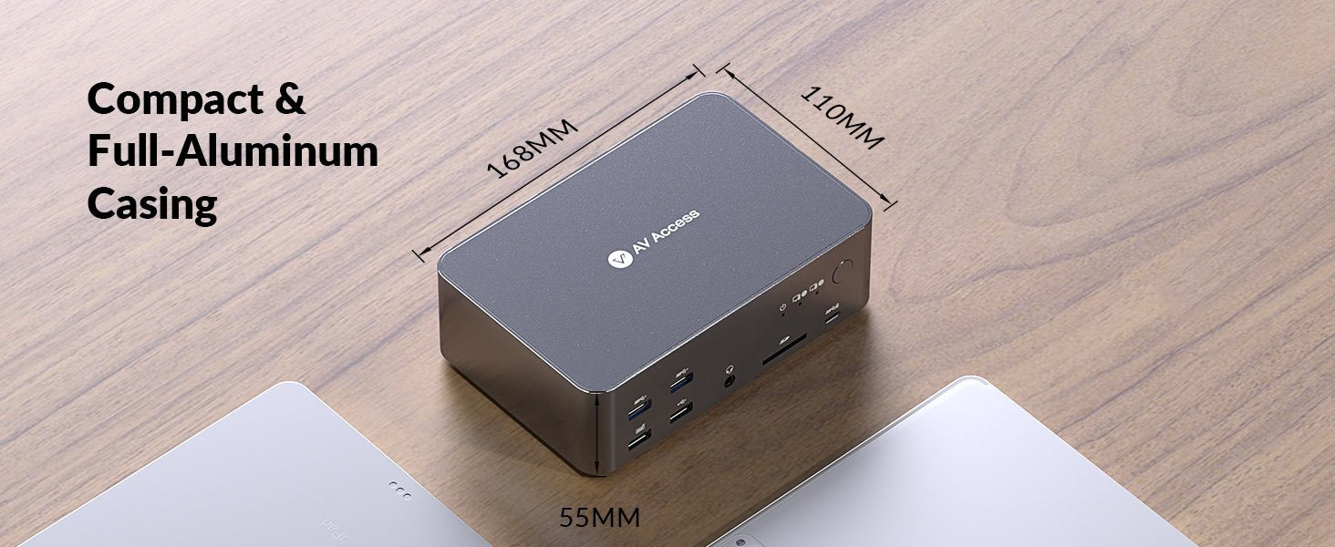 AV Access-dockingstation og KVM-switch 2 til 3 DP til DP, 8K60Hz, 5x USB-A, 1x USB-C PD, 3,5 mm AUX, SD-kortslot og 1 Gbps ethernet