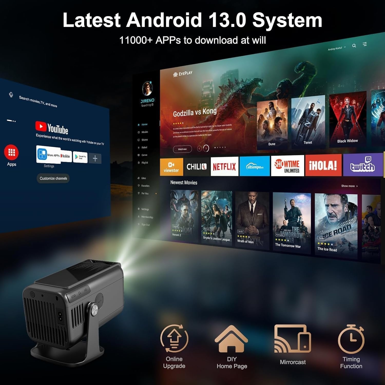 NÖRDIC Smart Projektor Android 13.0, Native 1080P, Auto Keystone, 300ANSI 4K HDR Support, Roterbar Design WiFi 6 & BT, Skærm spejling, ARC