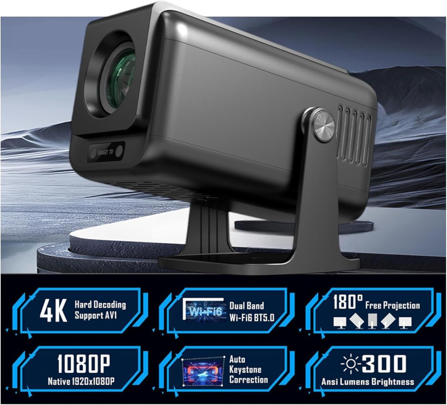 NÖRDIC Smart Projektor Android 13.0, Native 1080P, Auto Keystone, 300ANSI 4K HDR Support, Roterbar Design WiFi 6 & BT, Skærm spejling, ARC