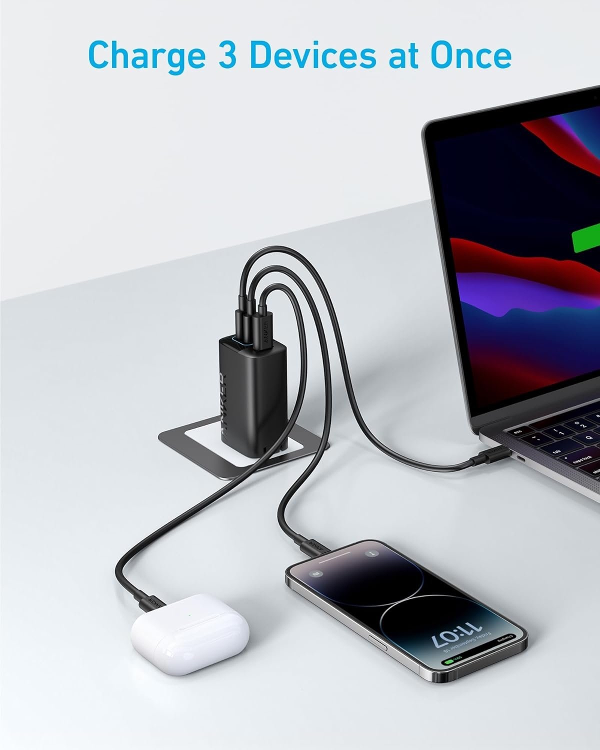 ANKER USB-C Oplader 67W, Strømforsyning med PIQ 3.0, 3-port Hurtigoplader ANKER 336