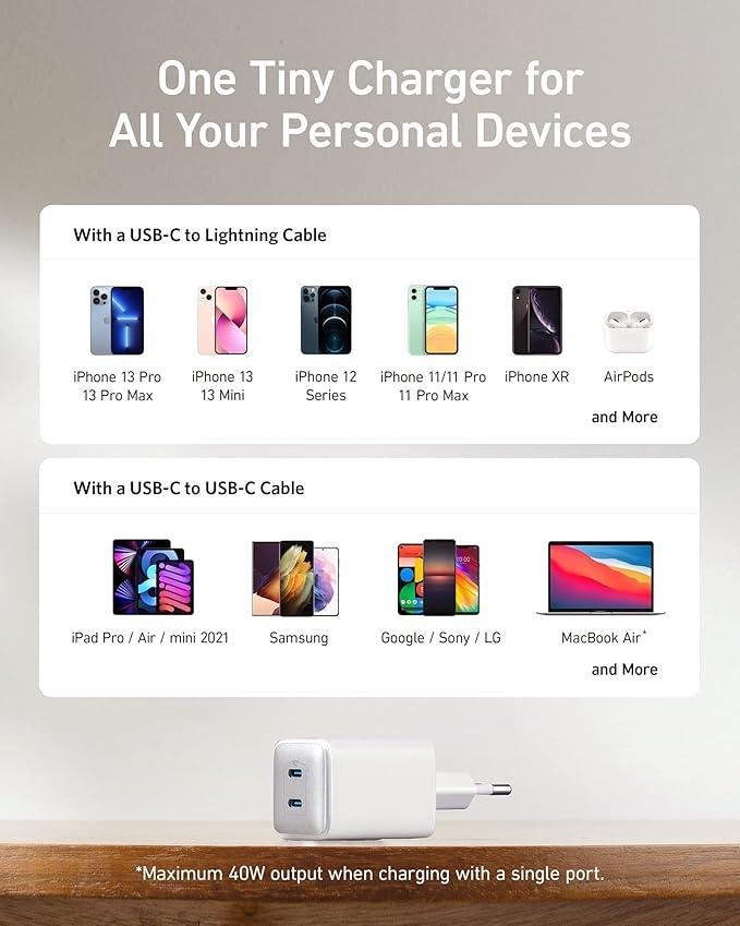 Anker 521 2xUSB-C Oplader 40W, Anker Nano Pro PIQ 3.0 Dobbelt USB-C-port