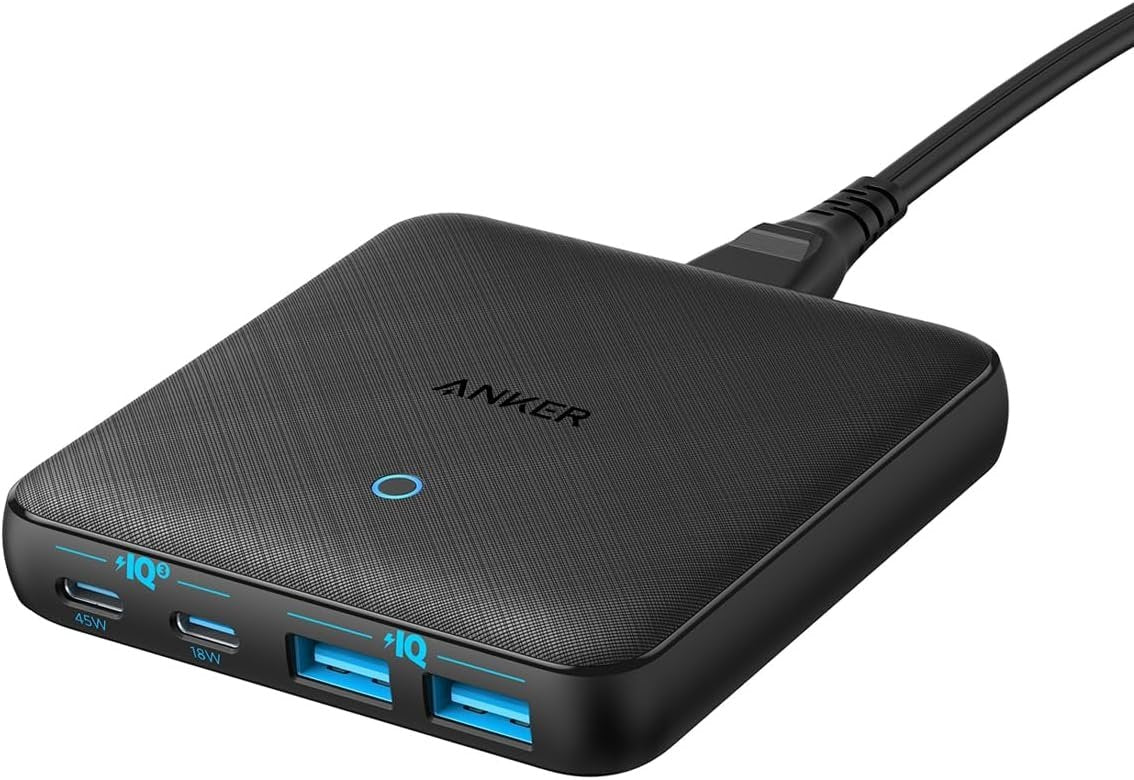Anker PowerPort Atom III Slim væglader, Dobbelt USB-C-porte og Dobbelt USB-A-porte (65W Maks), PIQ 3.0, GaN-materiale.