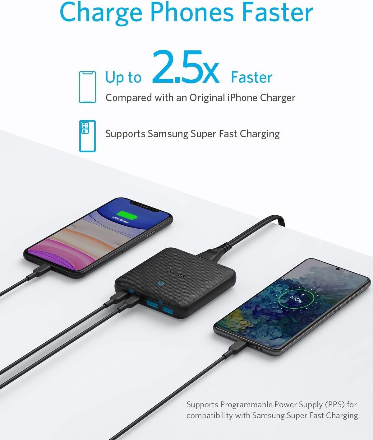 Anker PowerPort Atom III Slim væglader, Dobbelt USB-C-porte og Dobbelt USB-A-porte (65W Maks), PIQ 3.0, GaN-materiale.