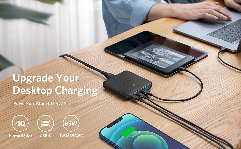 Anker PowerPort Atom III Slim væglader, Dobbelt USB-C-porte og Dobbelt USB-A-porte (65W Maks), PIQ 3.0, GaN-materiale.