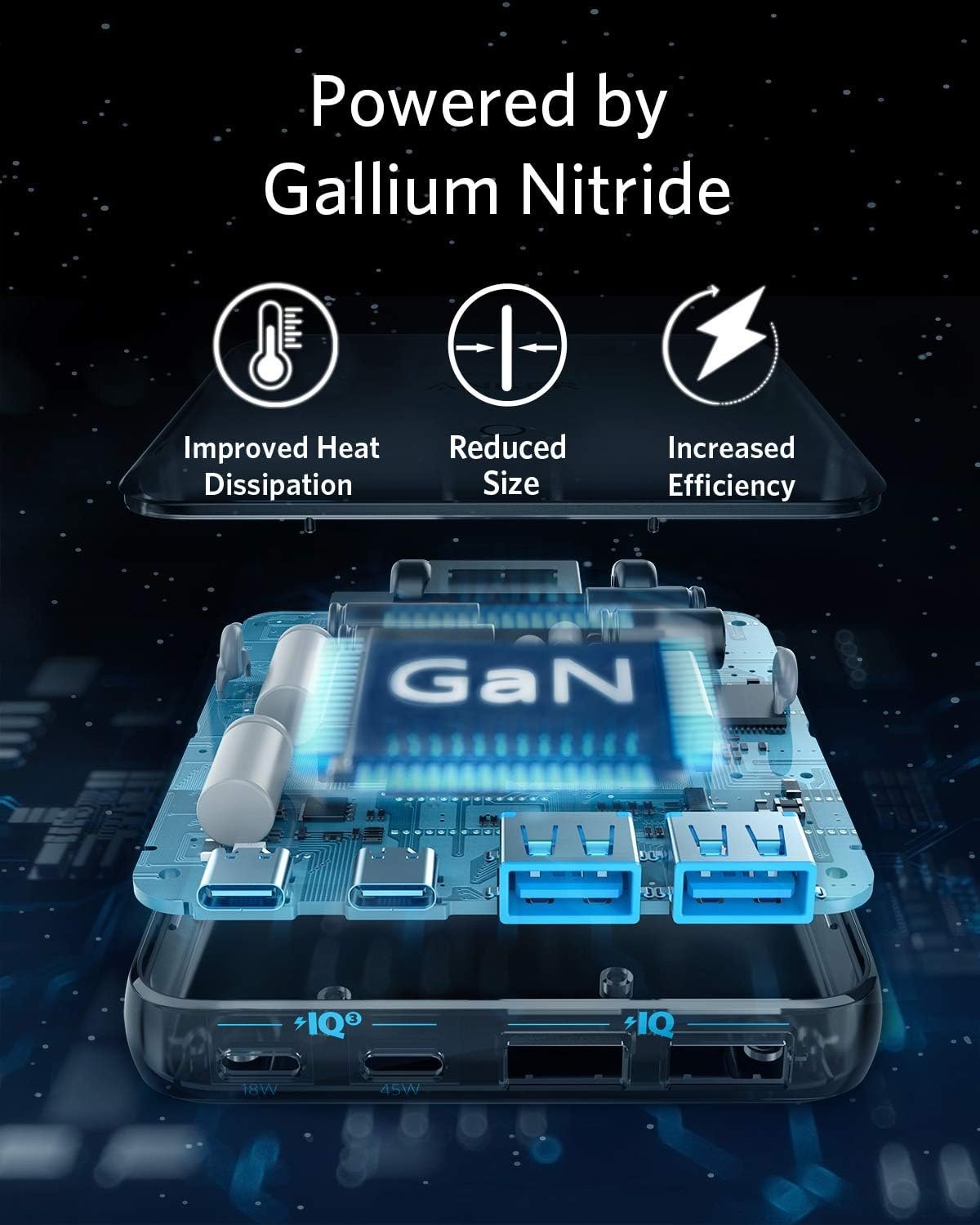 Anker PowerPort Atom III Slim væglader, Dobbelt USB-C-porte og Dobbelt USB-A-porte (65W Maks), PIQ 3.0, GaN-materiale.