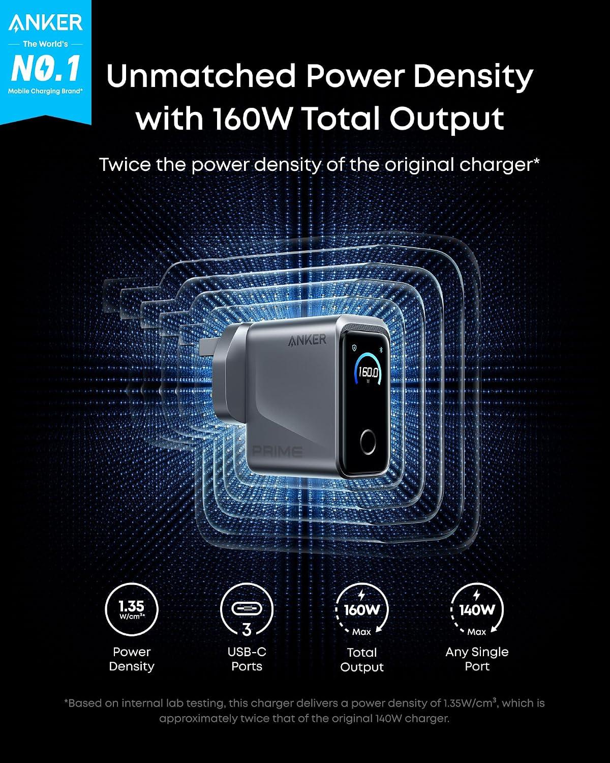 Anker Prime 160W USB C Charger, 3-Port GaN, Smart Display, Touch Control | Compact Laptop Charger, Ultra Fast 140W Charging at 1 Port, for MacBook Pro