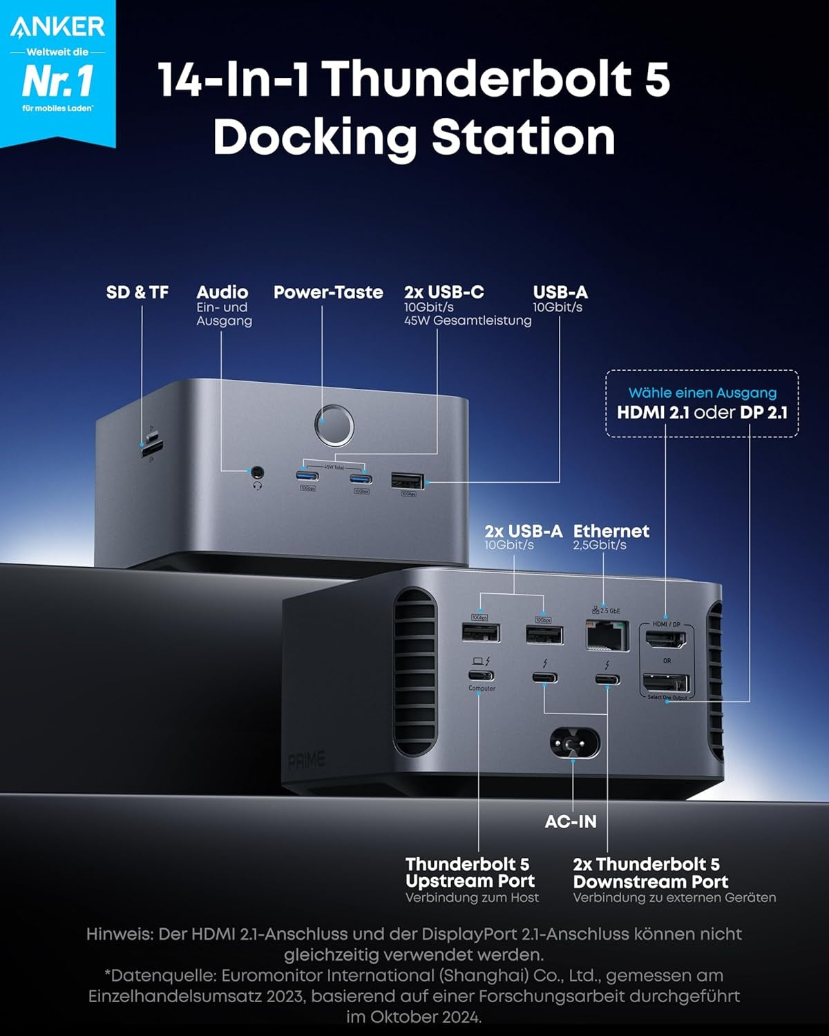 Anker Prime TB5 dockningsstation, 14 portar 140W Laddning, 120 Gbit/s max. Överföring upp till 8K-skärm för Thunderbolt 5/4-bärbara