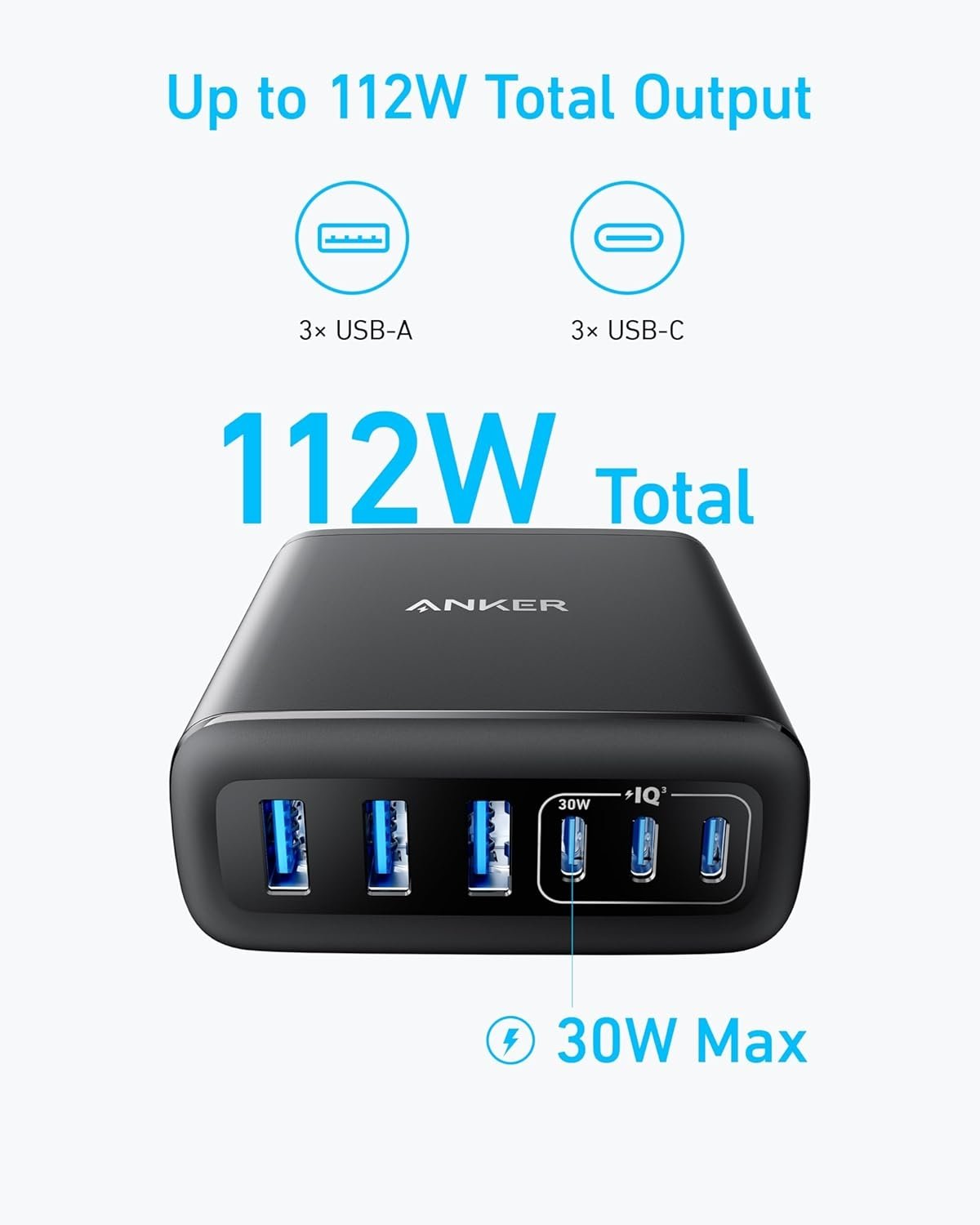 Anker USB-C og USB-A-lader, 112W Max 6-port opladningsstation