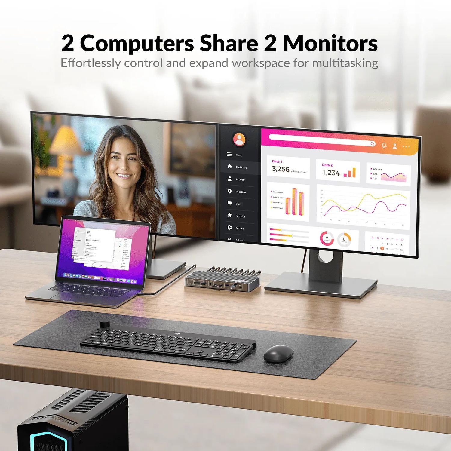 AV Access iDock B10 USB-C KVM-Switch Dockningsstation 2 til 2 for 1 Bærbar & 1 Stationær, 8K@60Hz Dobbelt Skærm, 100W Opladning, USB 3.2, 1G Ethernet