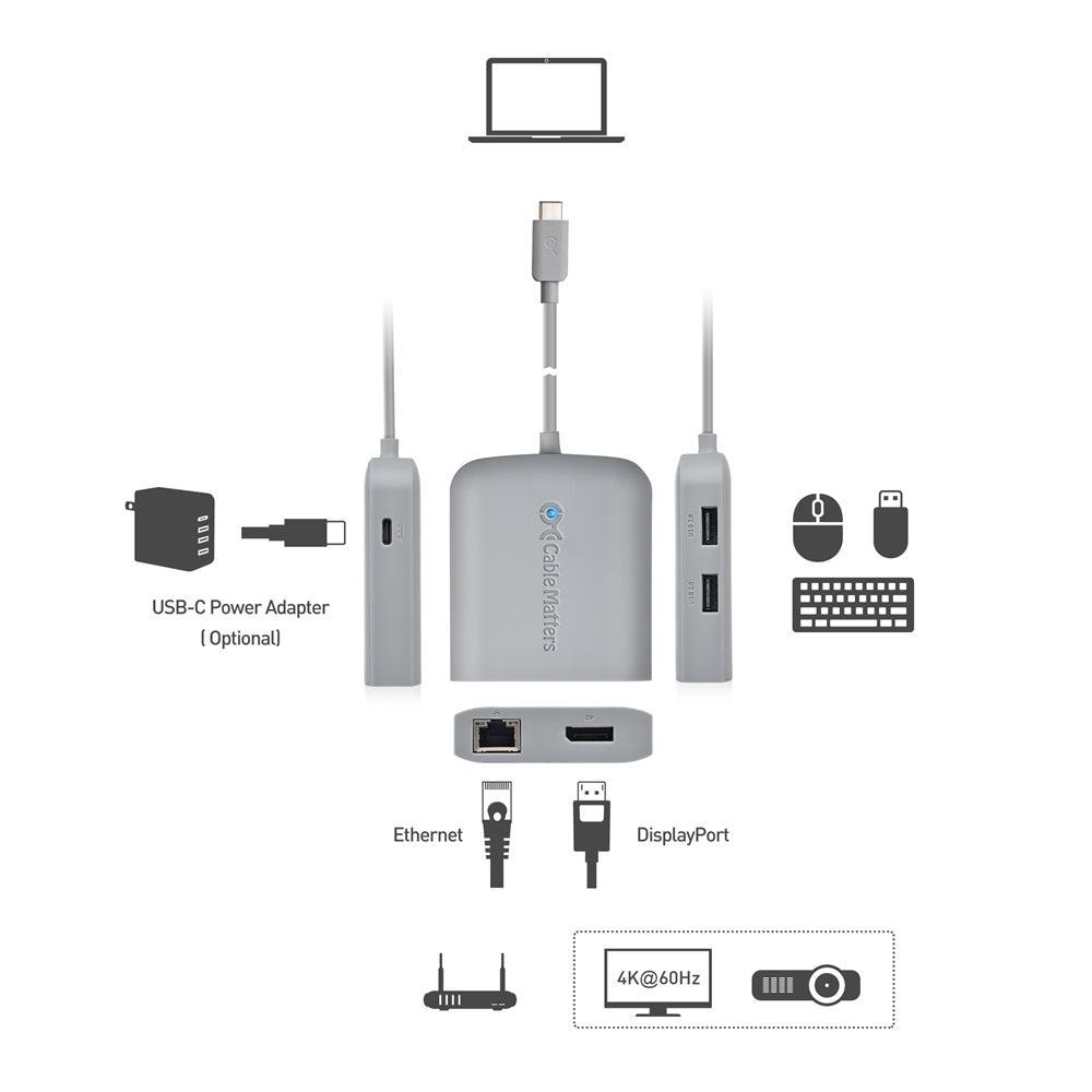 Cable Matters 1 til 5 dockingstation 1xDP 4K60Hz, 1xRJ45 Ethernet 2xUSB-A 1xUSB-C PD 60W Fungerer med Chromebook-certificeret