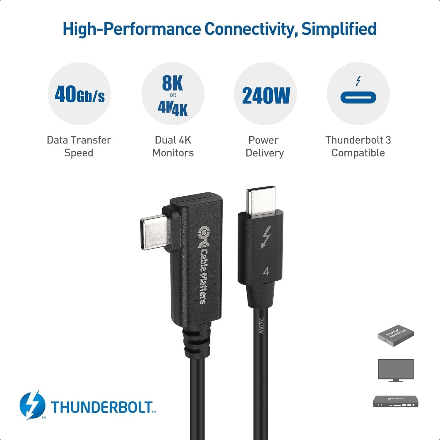 Cable Matters 80cm Intel-certificeret vinkelret Thunderbolt 4-kabel, 40Gbps, 8K, 240W, kompatibel med USB 4, Thunderbolt 3 og USB-C