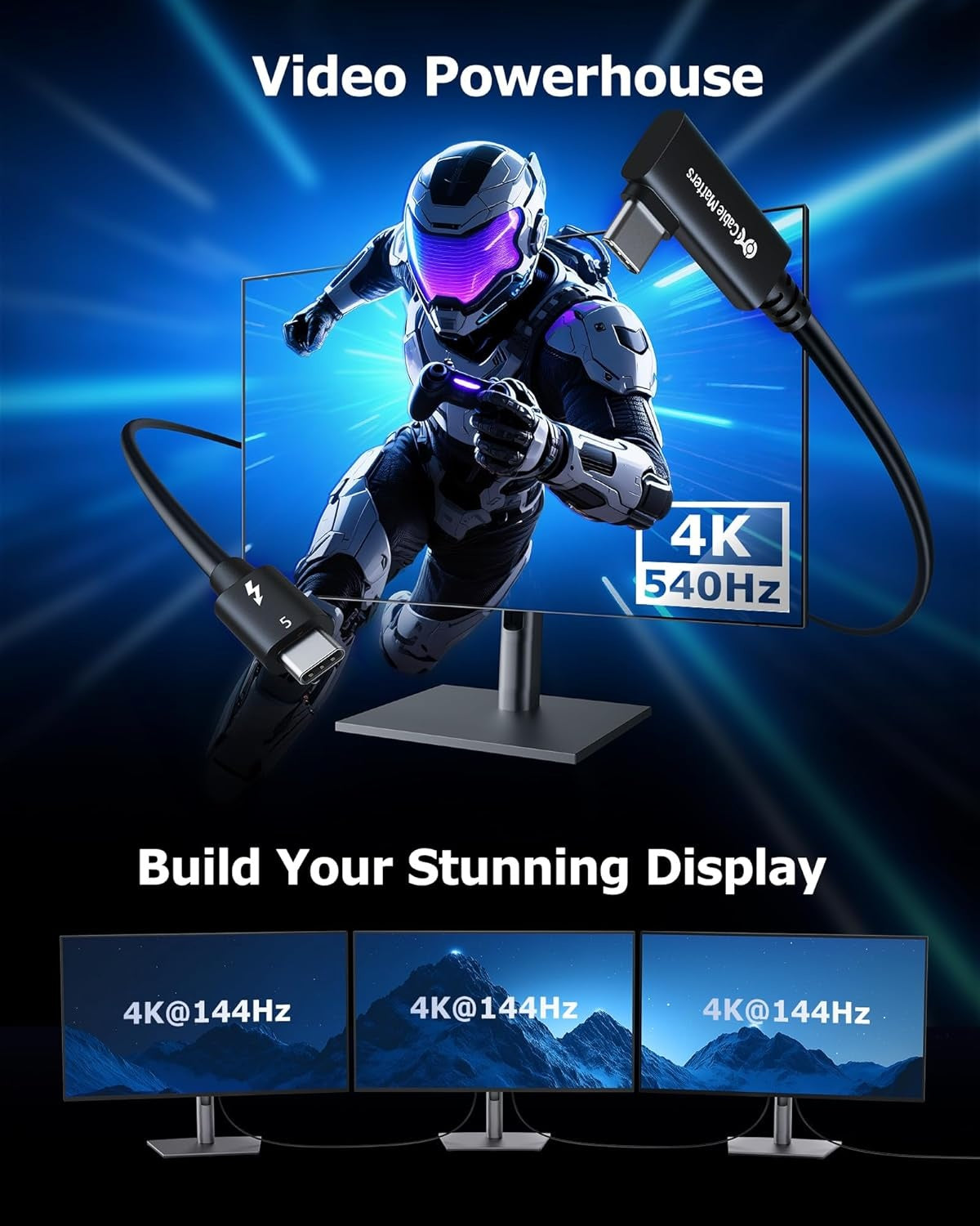 Cable Matters Intel Certificeret 80G Thunderbolt 5 Kabel med vinkelstik 240W opladningseffekt - 0,8m, Kompatibel med Thunderbolt 4, USB4 og USB-C, Sort