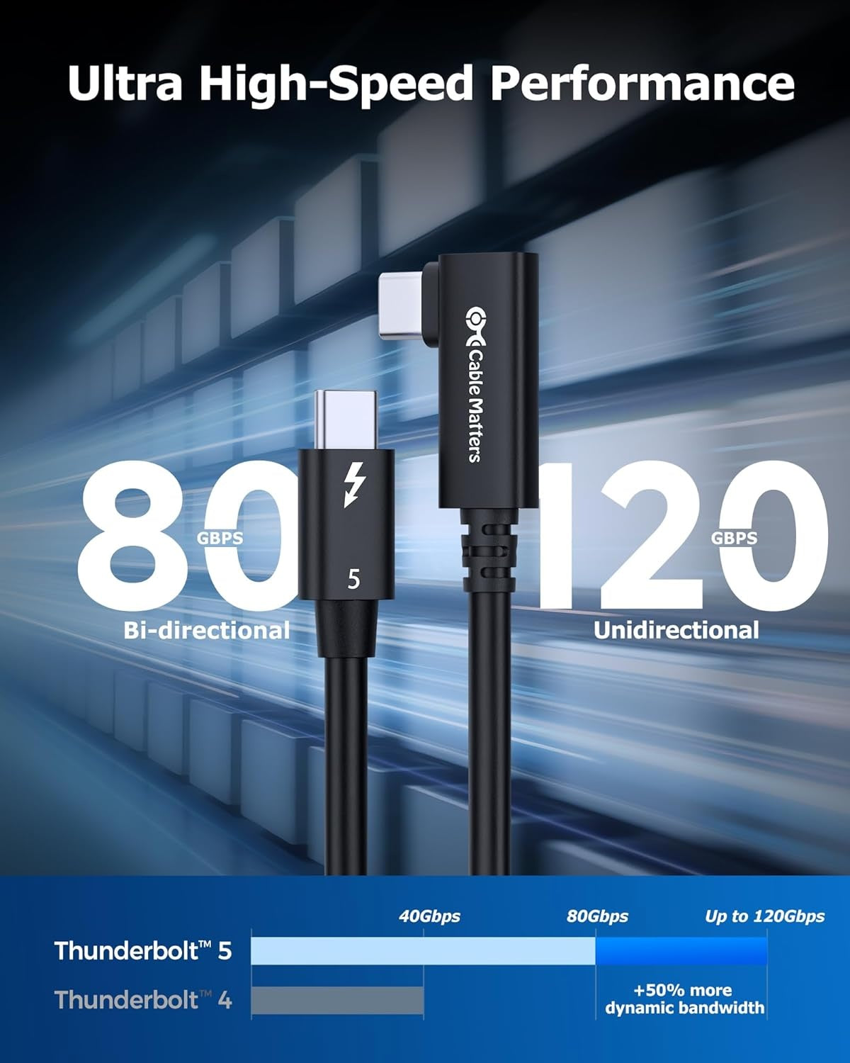 Cable Matters Intel Certificeret 80G Thunderbolt 5 Kabel med vinkelstik 240W opladningseffekt - 0,8m, Kompatibel med Thunderbolt 4, USB4 og USB-C, Sort