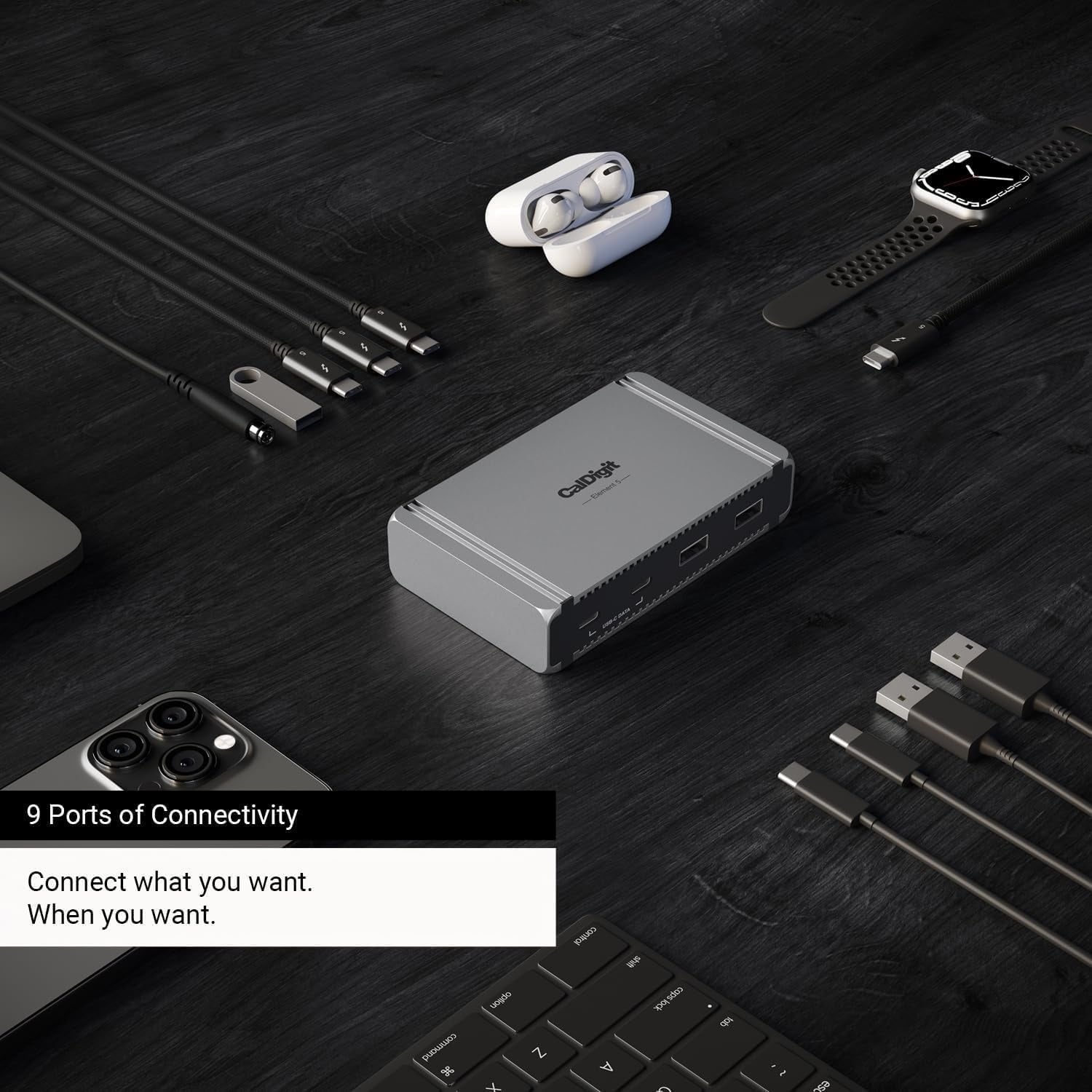 CalDigit E5 Thunderbolt 5 Element 5 Hub 9-Port 4x Thunderbolt 5/USB4 v2 PortS 3x USB-A & 2x USB-C 10G, Single 8K, Dual 6K/8K, Dual 4K@240Hz, 90W