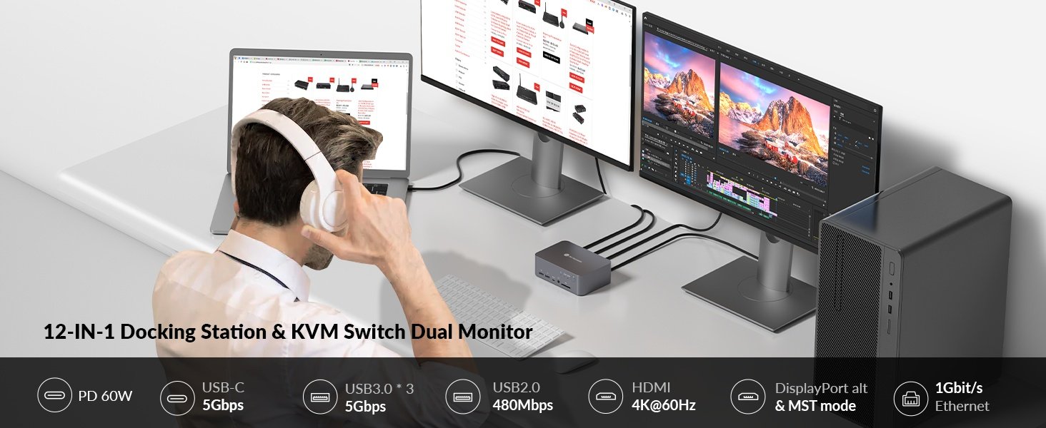 AV Access-dockingstation og KVM-switch 2 til 2 USB-C & DP+HDMI til HDMI, 4K60Hz, 5x USB-A, 1x USB-C PD 60W, 3,5 mm AUX, SD-kortslot og Toslink iDOCK C10