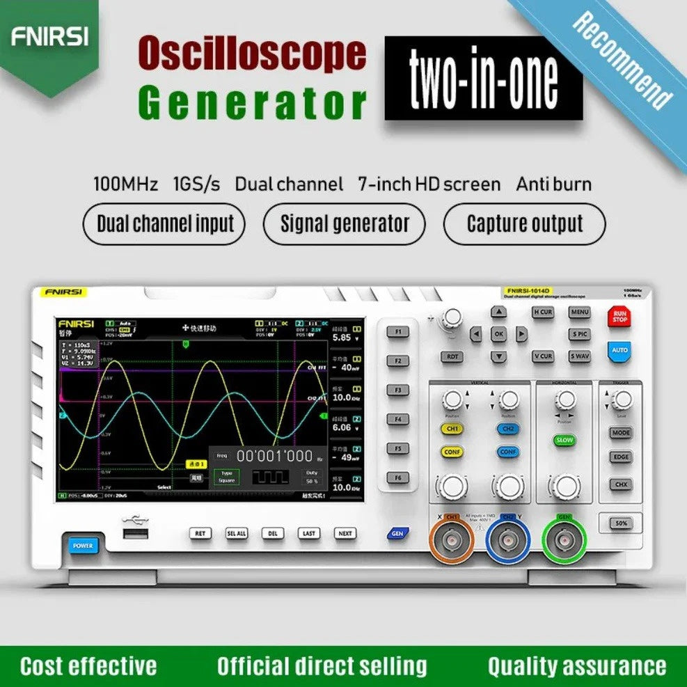 FNIRSI-1014D Desktop Oscilloskop 100MHZ*2 1GS/s 2 i 1 Dobbelt Kanal Digitalt Oscilloskop 10MHZ Signalgenerator