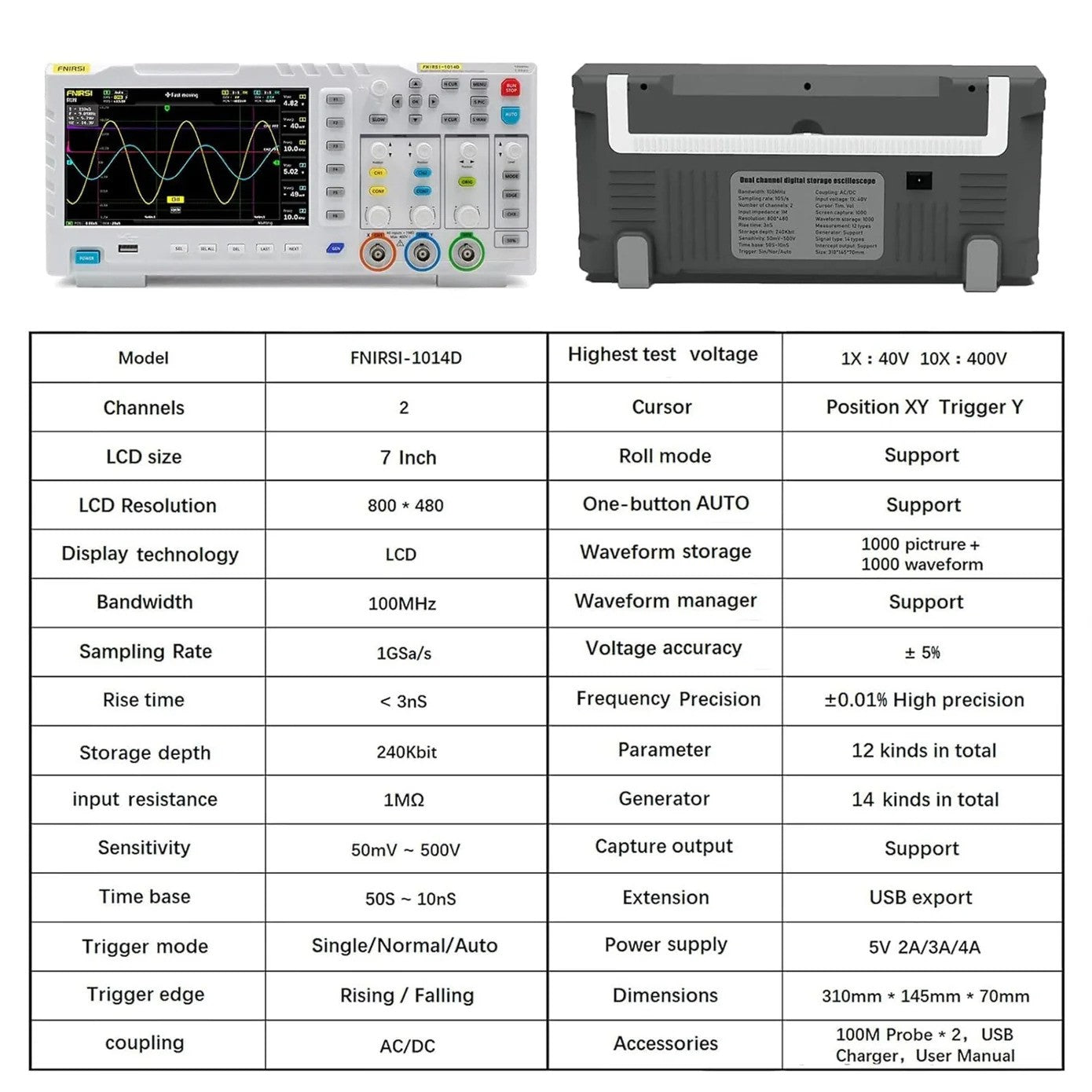 FNIRSI-1014D Desktop Oscilloskop 100MHZ*2 1GS/s 2 i 1 Dobbelt Kanal Digitalt Oscilloskop 10MHZ Signalgenerator
