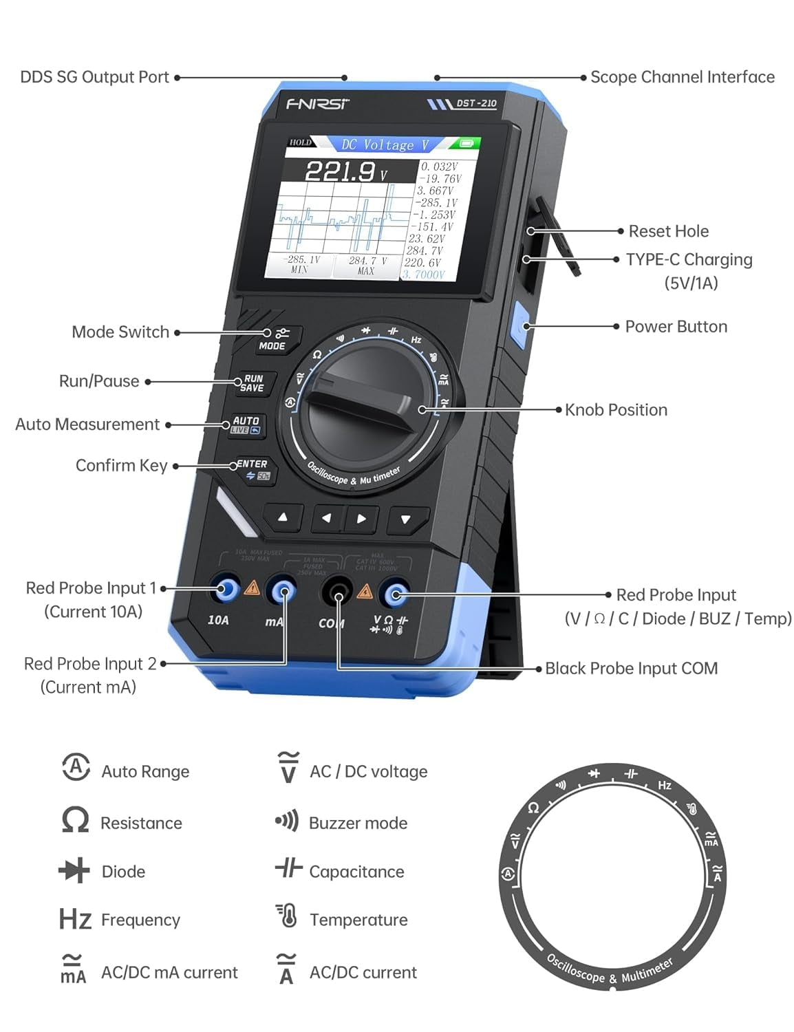 FNIRSI DST-210 Håndholdt Oscilloskop 10MHz Båndbredde, 19999 Counts, Digitalt Oscilloskop Multimeter DDS Generator 3I1, 48MS/s Sampling Rate