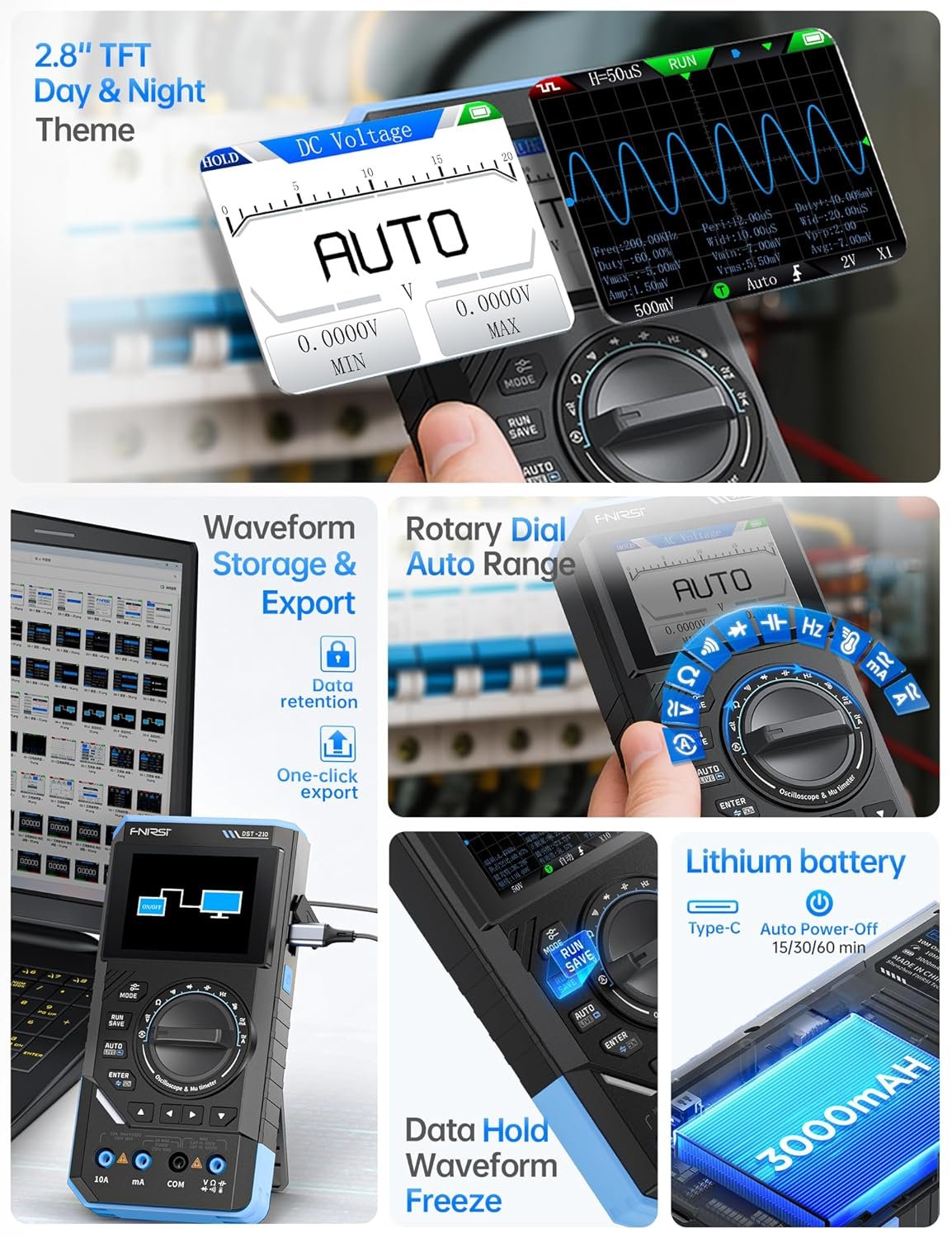 FNIRSI DST-210 Håndholdt Oscilloskop 10MHz Båndbredde, 19999 Counts, Digitalt Oscilloskop Multimeter DDS Generator 3I1, 48MS/s Sampling Rate